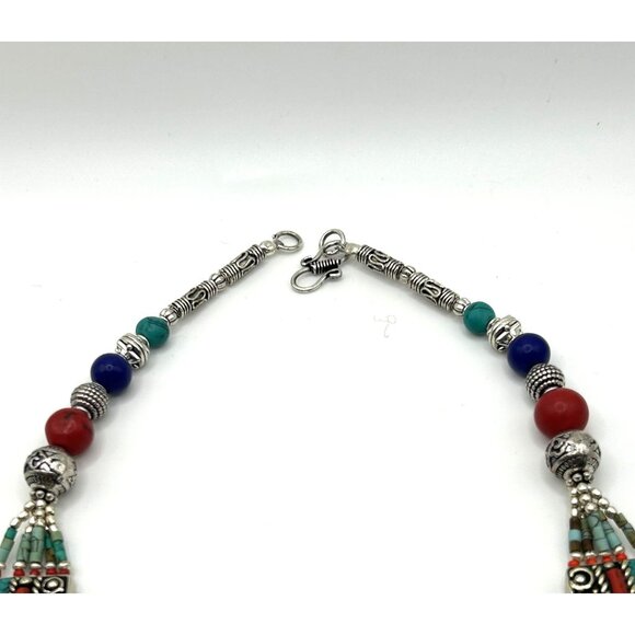 Tibetan Nepal Handmade Natural Turquoise, Coral, Lapis, Necklace & Earring Set - Picture 6 of 10